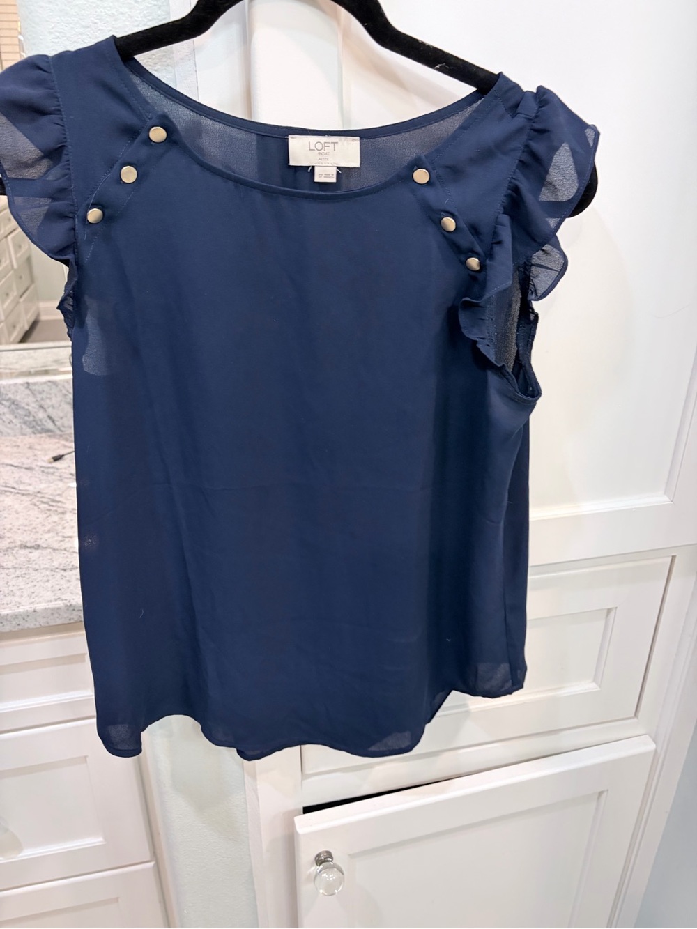 LOFT Navy Ruffle Cap-Sleeve Blouse with Gold Buttons